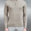 Cotton Knitted Long Sleeve Half Zip Polo Shirt - Taupe