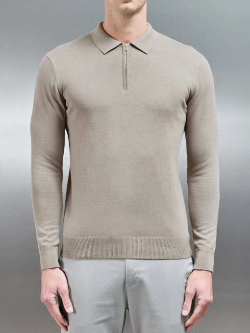 Cotton Knitted Long Sleeve Half Zip Polo Shirt - Taupe