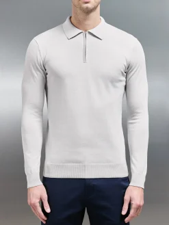 Cotton Knitted Long Sleeve Half Zip Polo Shirt - Mid Grey