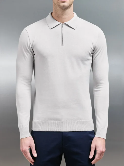 Cotton Knitted Long Sleeve Half Zip Polo Shirt - Mid Grey