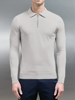 Cotton Knitted Long Sleeve Half Zip Polo Shirt - Oatmeal