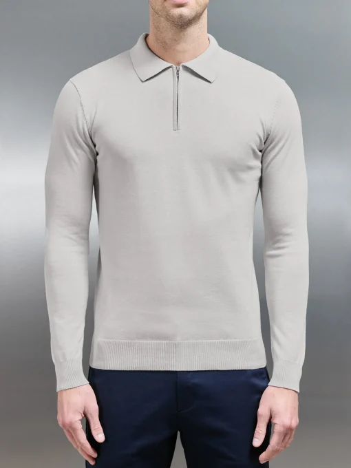 Cotton Knitted Long Sleeve Half Zip Polo Shirt - Oatmeal