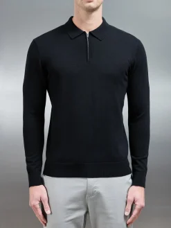 Cotton Knitted Long Sleeve Half Zip Polo Shirt - Black
