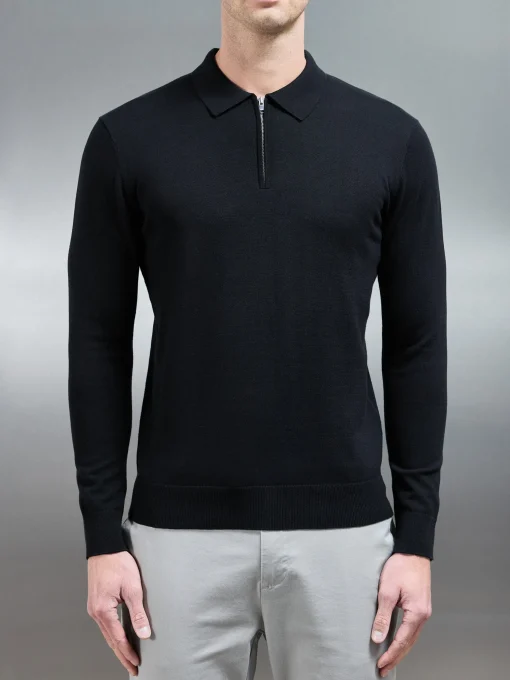 Cotton Knitted Long Sleeve Half Zip Polo Shirt - Black