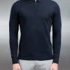 Cotton Knitted Long Sleeve Half Zip Polo Shirt - Navy