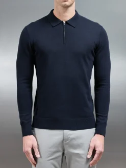 Cotton Knitted Long Sleeve Half Zip Polo Shirt - Navy