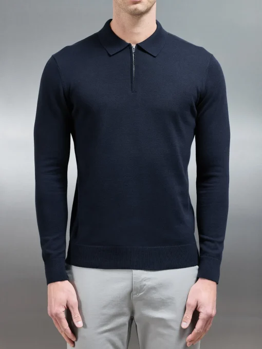 Cotton Knitted Long Sleeve Half Zip Polo Shirt - Navy