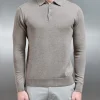 Cotton Knitted Long Sleeve Button Polo Shirt - Taupe Marl