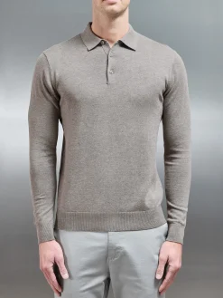 Cotton Knitted Long Sleeve Button Polo Shirt - Taupe Marl