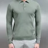 Cotton Knitted Long Sleeve Button Polo Shirt - Sage
