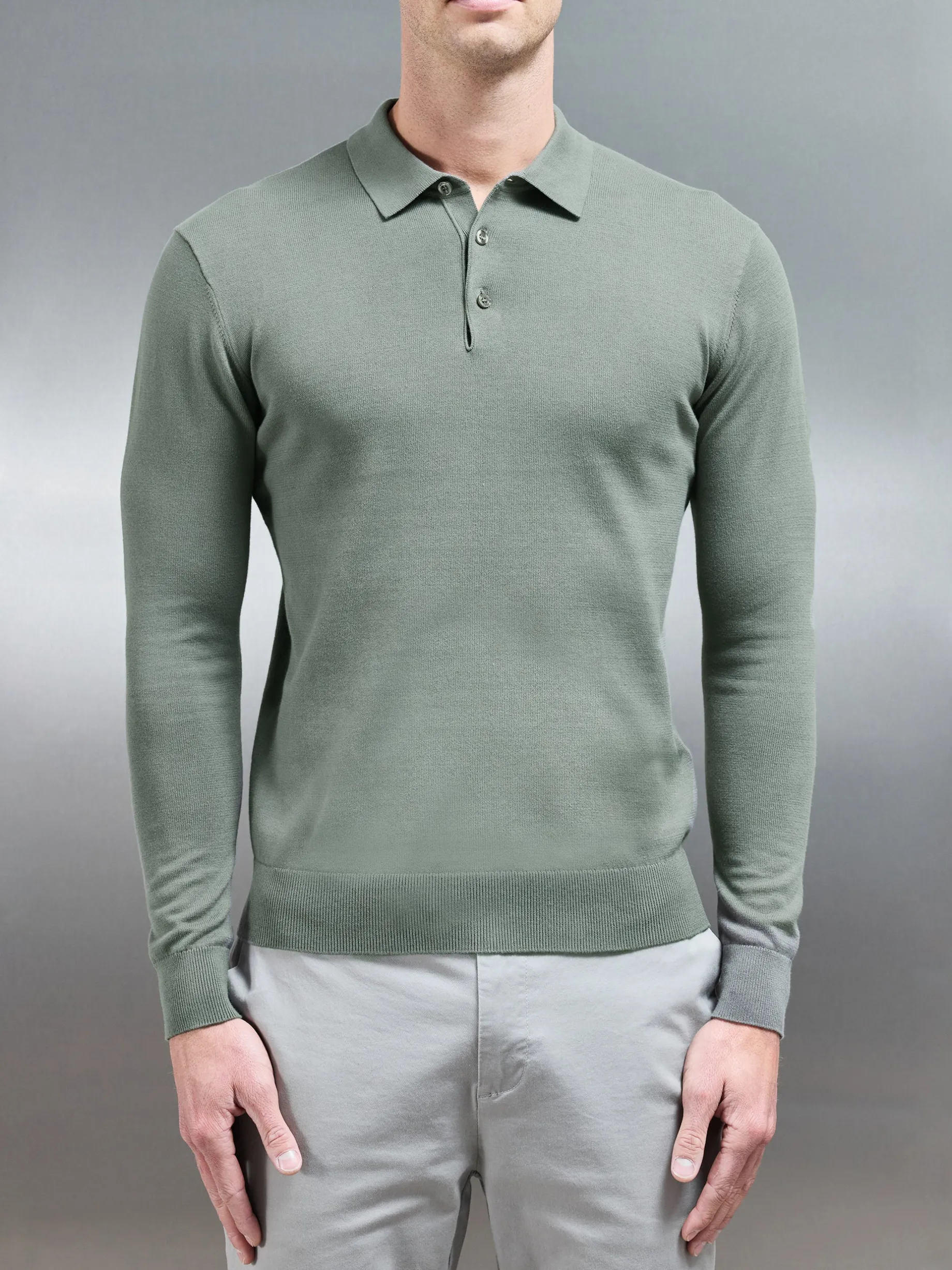 Cotton Knitted Long Sleeve Button Polo Shirt - Sage