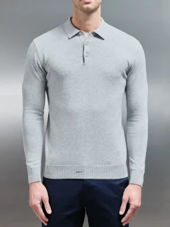 Cotton Knitted Long Sleeve Button Polo Shirt - Marl Grey