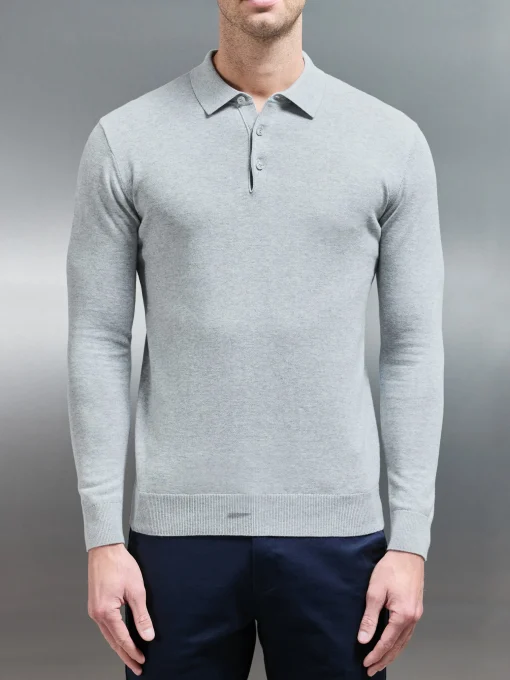 Cotton Knitted Long Sleeve Button Polo Shirt - Marl Grey