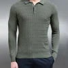 Cotton Knitted Long Sleeve Textured Polo Shirt - Sage