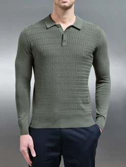Cotton Knitted Long Sleeve Textured Polo Shirt - Sage