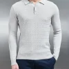 Cotton Knitted Long Sleeve Textured Polo Shirt - Mid Grey