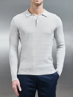 Cotton Knitted Long Sleeve Textured Polo Shirt - Mid Grey