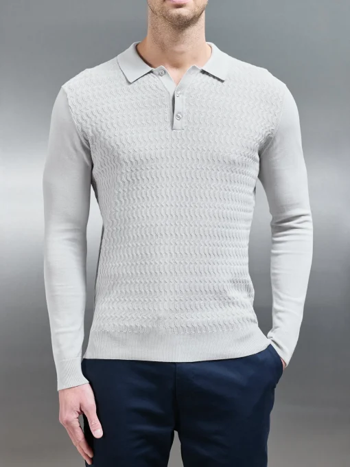 Cotton Knitted Long Sleeve Textured Polo Shirt - Mid Grey