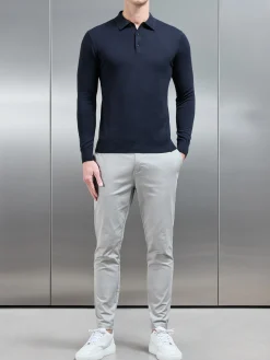 Cotton Knitted Long Sleeve Button Polo Shirt - Navy