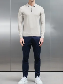 Cotton Knitted Long Sleeve Button Polo Shirt - Oatmeal