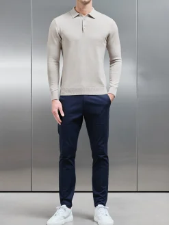 Cotton Knitted Long Sleeve Button Polo Shirt - Stone