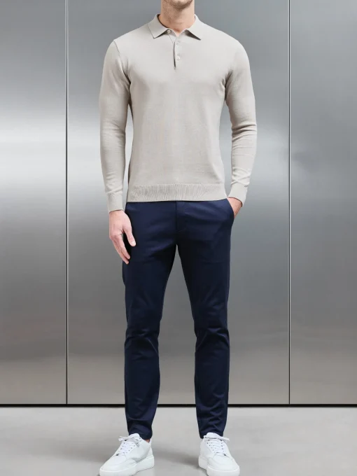 Cotton Knitted Long Sleeve Button Polo Shirt - Stone