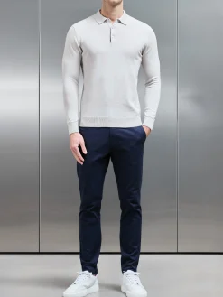 Cotton Knitted Long Sleeve Button Polo Shirt - Mid Grey