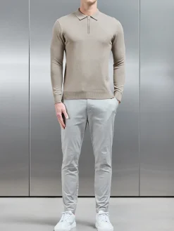 Cotton Knitted Long Sleeve Half Zip Polo Shirt - Taupe