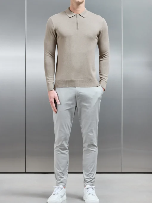 Cotton Knitted Long Sleeve Half Zip Polo Shirt - Taupe