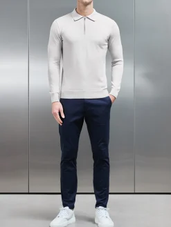Cotton Knitted Long Sleeve Half Zip Polo Shirt - Mid Grey
