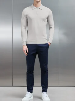 Cotton Knitted Long Sleeve Half Zip Polo Shirt - Oatmeal