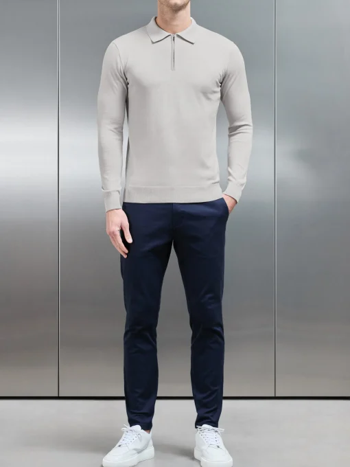 Cotton Knitted Long Sleeve Half Zip Polo Shirt - Oatmeal
