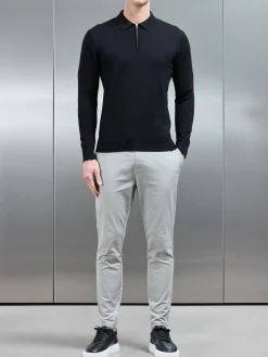 Cotton Knitted Long Sleeve Half Zip Polo Shirt - Black