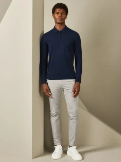 Cotton Knitted Long Sleeve Half Zip Polo Shirt - Navy