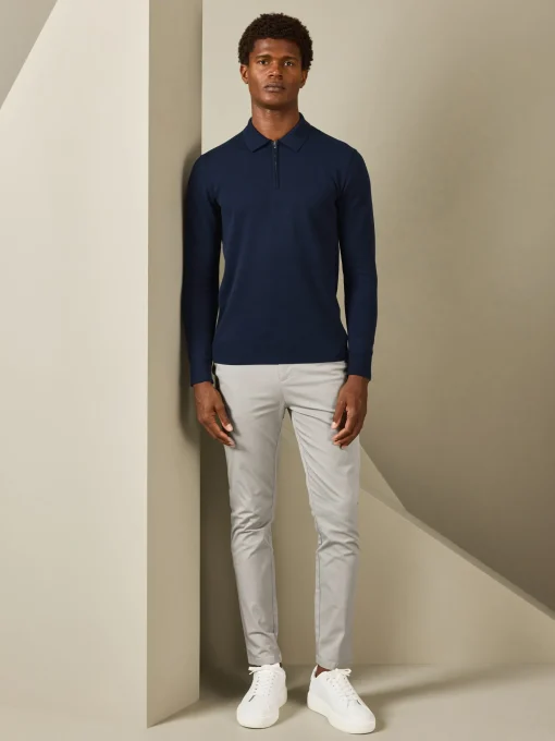 Cotton Knitted Long Sleeve Half Zip Polo Shirt - Navy