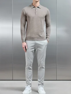 Cotton Knitted Long Sleeve Button Polo Shirt - Taupe Marl