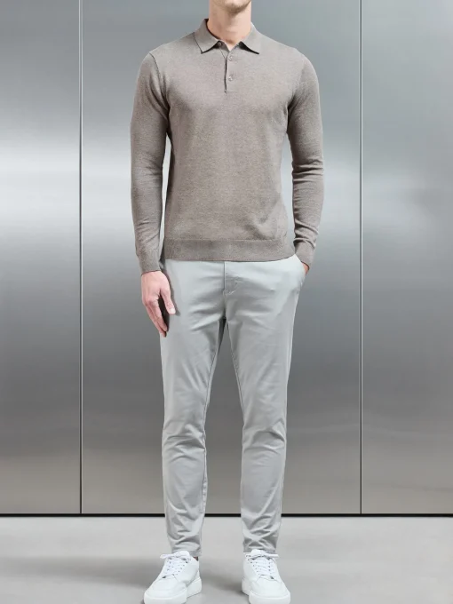 Cotton Knitted Long Sleeve Button Polo Shirt - Taupe Marl