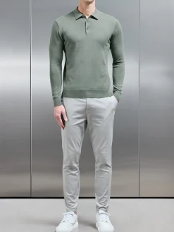 Cotton Knitted Long Sleeve Button Polo Shirt - Sage