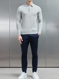 Cotton Knitted Long Sleeve Button Polo Shirt - Marl Grey