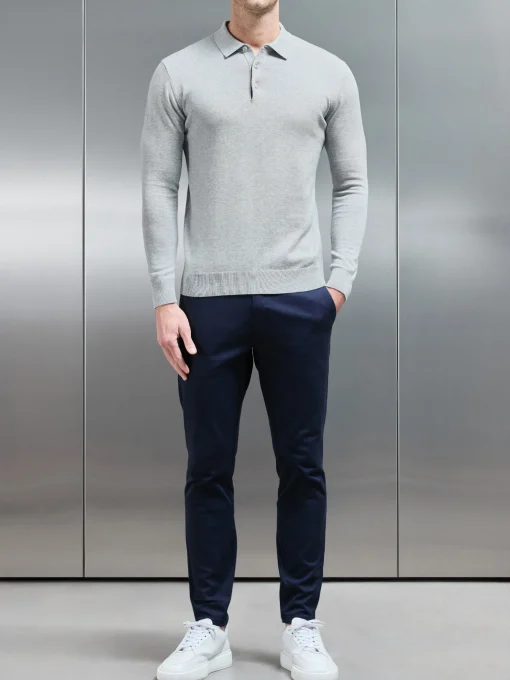Cotton Knitted Long Sleeve Button Polo Shirt - Marl Grey