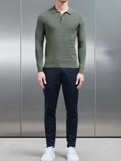 Cotton Knitted Long Sleeve Textured Polo Shirt - Sage