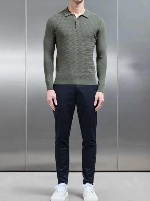 Cotton Knitted Long Sleeve Textured Polo Shirt - Sage