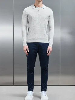 Cotton Knitted Long Sleeve Textured Polo Shirt - Mid Grey