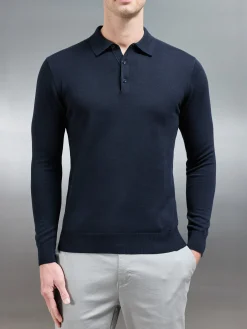 Cotton Knitted Long Sleeve Button Polo Shirt - Navy