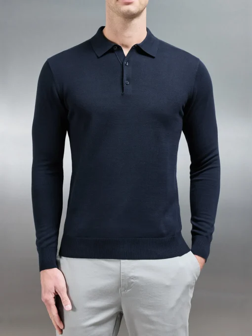 Cotton Knitted Long Sleeve Button Polo Shirt - Navy