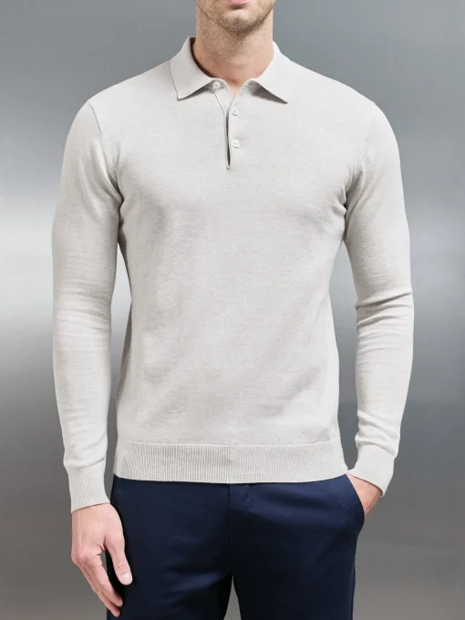 Cotton Knitted Long Sleeve Button Polo Shirt - Oatmeal