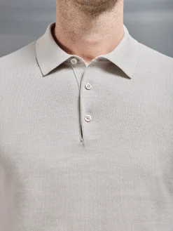 Cotton Knitted Long Sleeve Button Polo Shirt - Stone