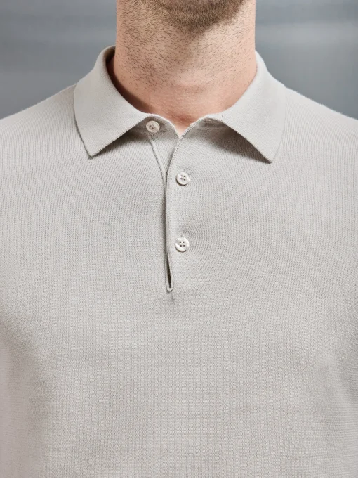 Cotton Knitted Long Sleeve Button Polo Shirt - Stone