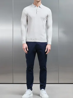 Cotton Knitted Long Sleeve Button Polo Shirt - Mid Grey