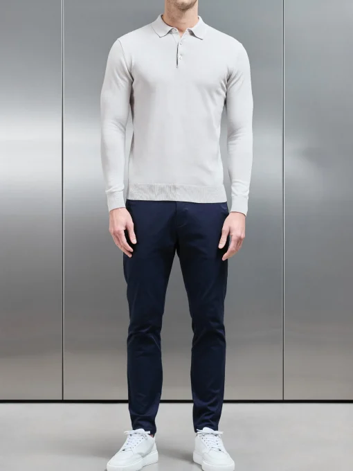 Cotton Knitted Long Sleeve Button Polo Shirt - Mid Grey